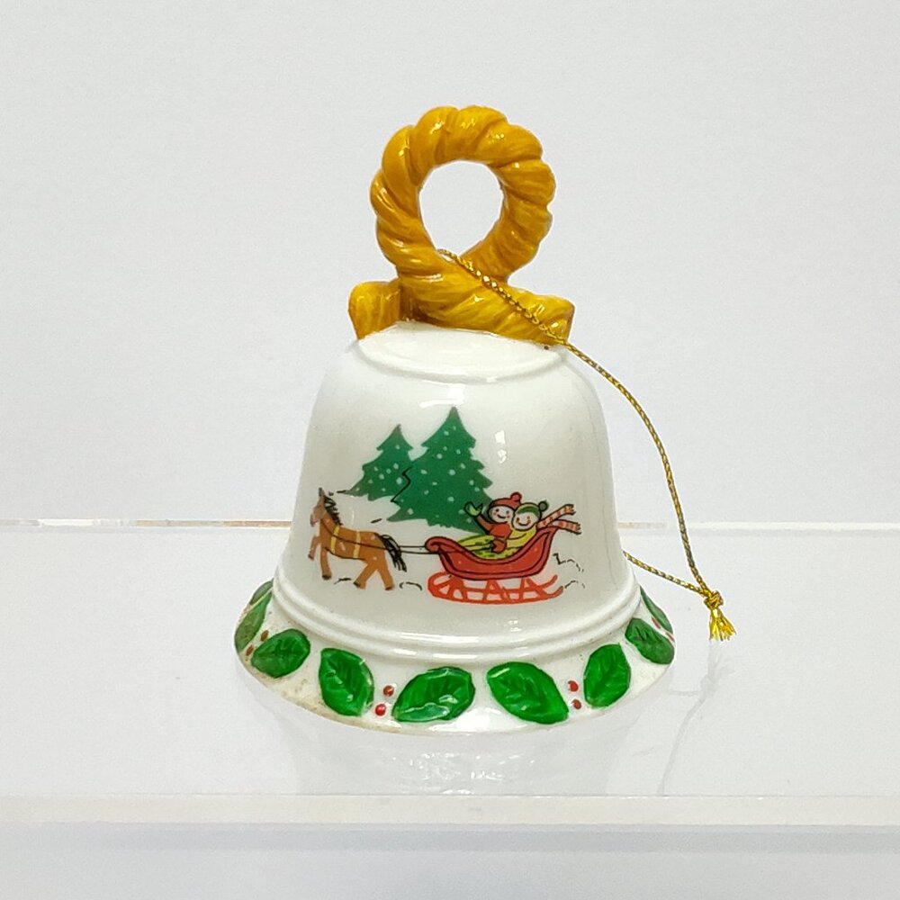 Christmas Ceramic Bell Ornament w/ Teddy Bear Clapper Holiday Design Circa 1980s